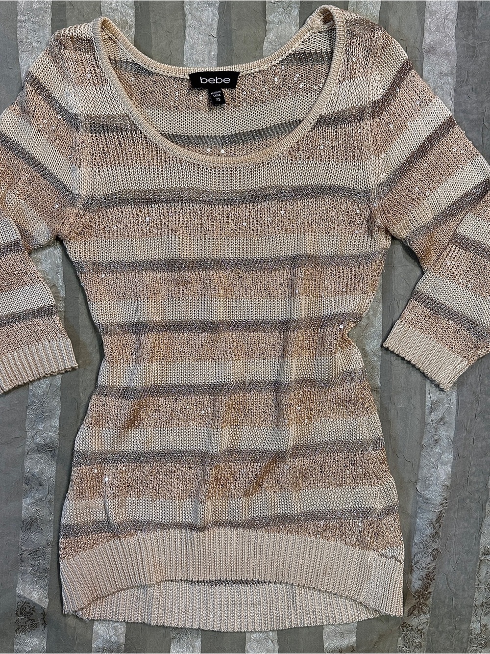 bebe y2k Sequin Striped Metallic Knit Sweater Tunic - Beige & Taupe